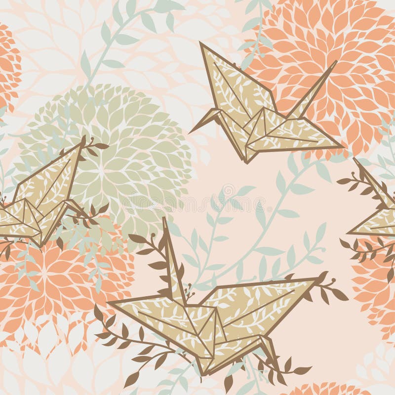 Fundo sem emenda com guindastes do origâmi e o ornamento floral ilustração stock Fundo sem emenda com guindastes do origâmi e o ornamento floral ilustração stock