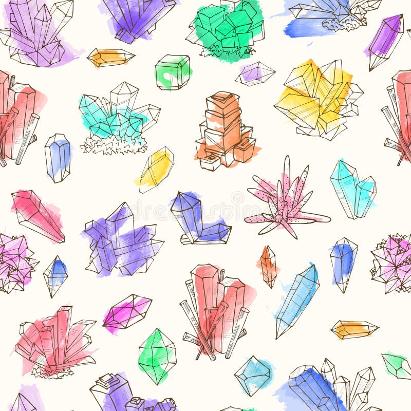 Fundo sem emenda com os cristais coloridos da garatuja no fundo branco ilustração do vetor Fundo sem emenda com os cristais coloridos da garatuja no fundo branco ilustração do vetor