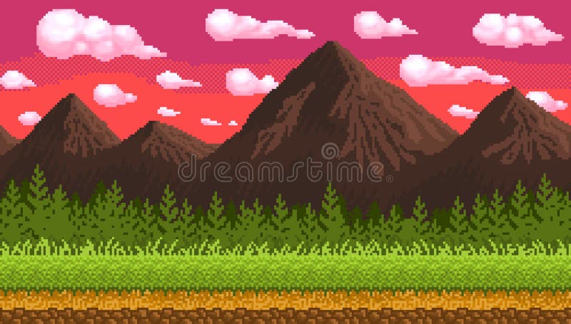 Paisagem sem costura fundo com montanhas pixel vetor(es) de stock