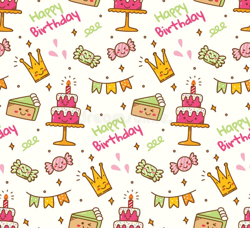 Fundo sem emenda da garatuja do aniversário com material do aniversário do kawaii ilustração stock Fundo sem emenda da garatuja do aniversário com material do aniversário do kawaii ilustração stock