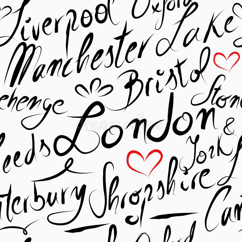 Travel England UK famous cities with handmade calligraphy. London city, Manchester, Liverpool, Oxford, Bristol. Seamless pattern background vector for your own poster, wrapping paper or marketing campaign. Travel England UK famous cities with handmade calligraphy. London city, Manchester, Liverpool, Oxford, Bristol. Seamless pattern background vector for your own poster, wrapping paper or marketing campaign.