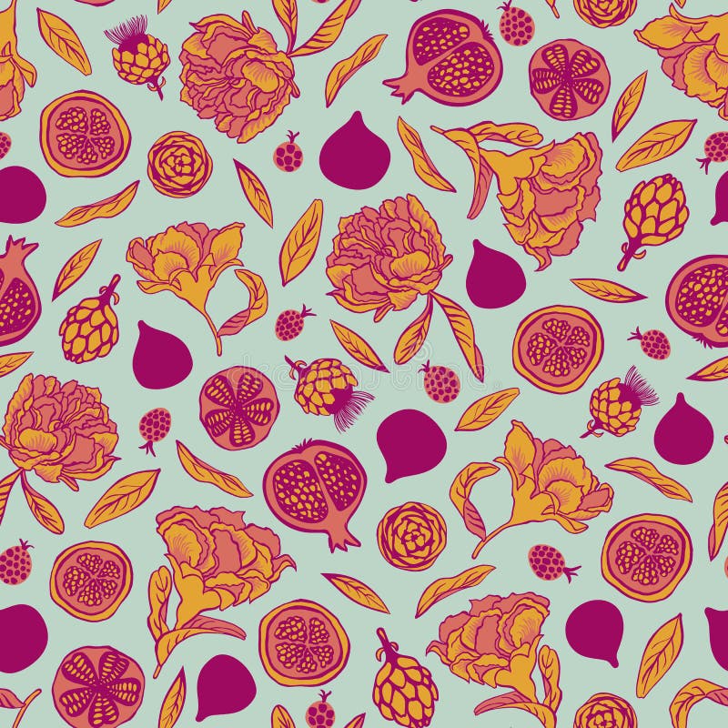 Fundo sem emenda do teste padrão do vetor com flores dos elementos, folhas, fruto do figo, romã, bagas, alcachofras ilustração stock Fundo sem emenda do teste padrão do vetor com flores dos elementos, folhas, fruto do figo, romã, bagas, alcachofras ilustração stock