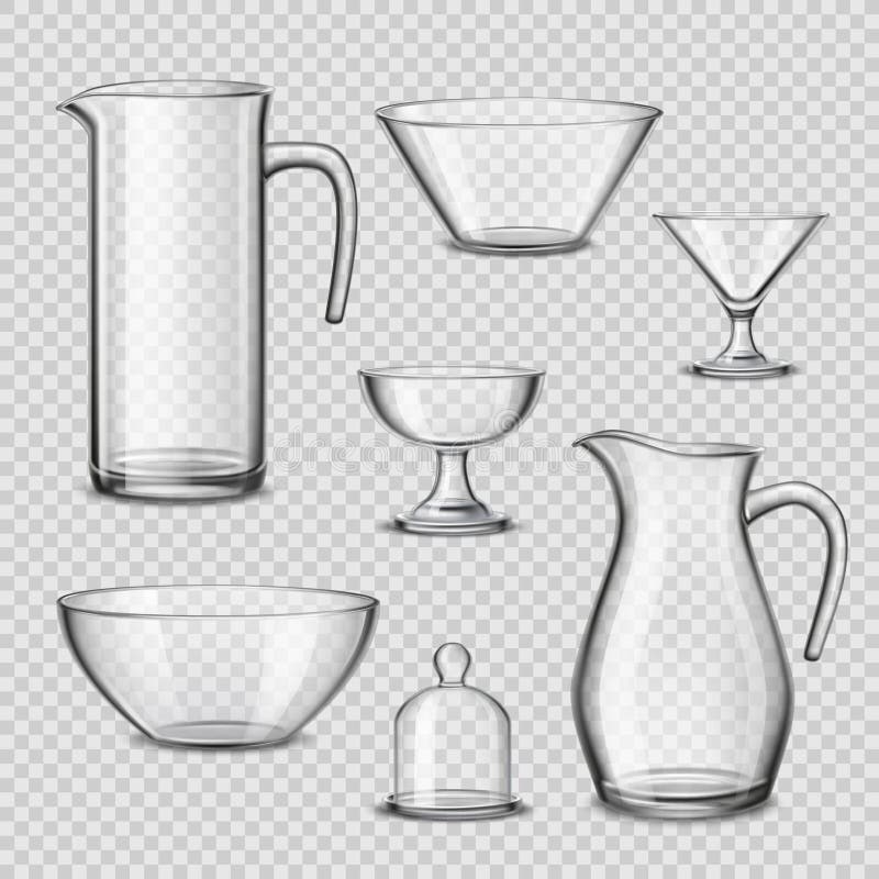 Fundo transparente dos utensílios realísticos da cozinha dos produtos vidreiros ilustração stock Fundo transparente dos utensílios realísticos da cozinha dos produtos vidreiros ilustração stock