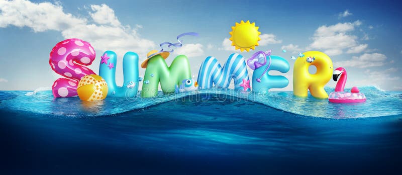 Fundos do curso O verão 3d rendeu a bandeira com texto 3D e bolas coloridas, peixes, flamingo e o sol no céu azul e nos vagabundo ilustração stock Fundos do curso O verão 3d rendeu a bandeira com texto 3D e bolas coloridas, peixes, flamingo e o sol no céu azul e nos vagabundo ilustração stock