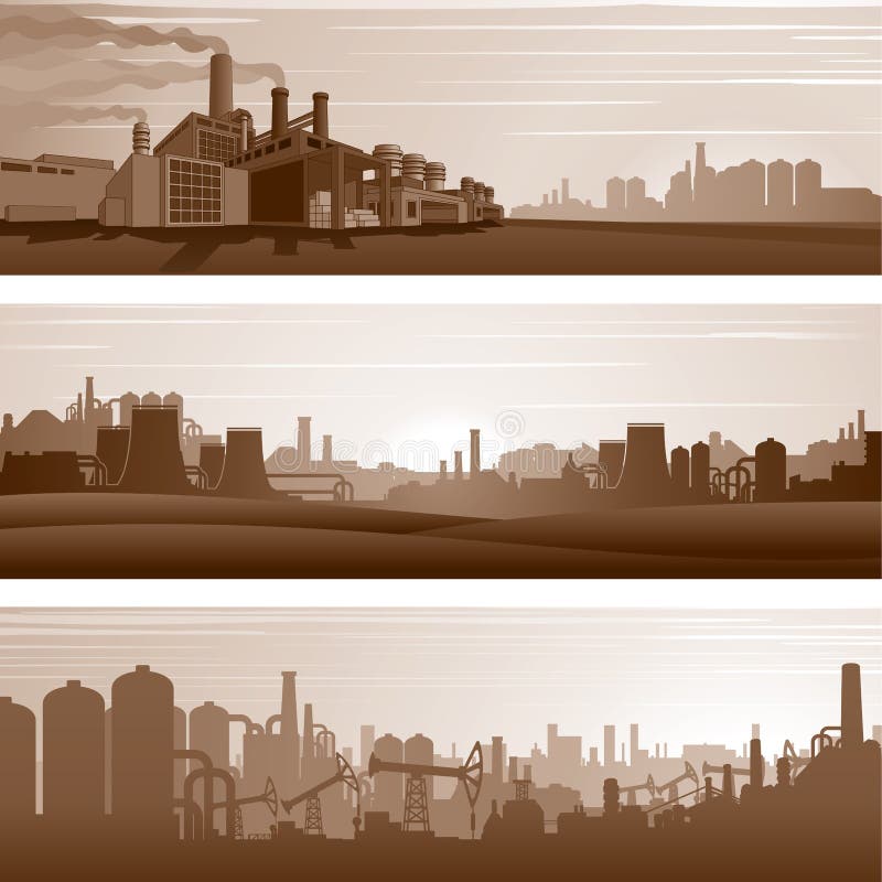 Industrial Backgrounds. Urban Landscapes with Plants, Factories and Industrial Buildings. Set of Banner, Header Web Templates Vector. Industrial Backgrounds. Urban Landscapes with Plants, Factories and Industrial Buildings. Set of Banner, Header Web Templates Vector.