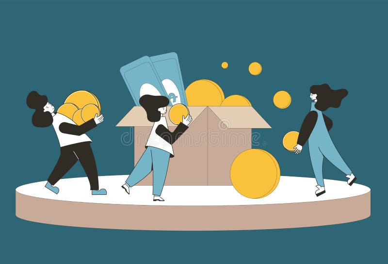 Fundraising concept. Young people raising money together. Teenagers with huge coins, greenbacks and box. Line art vector