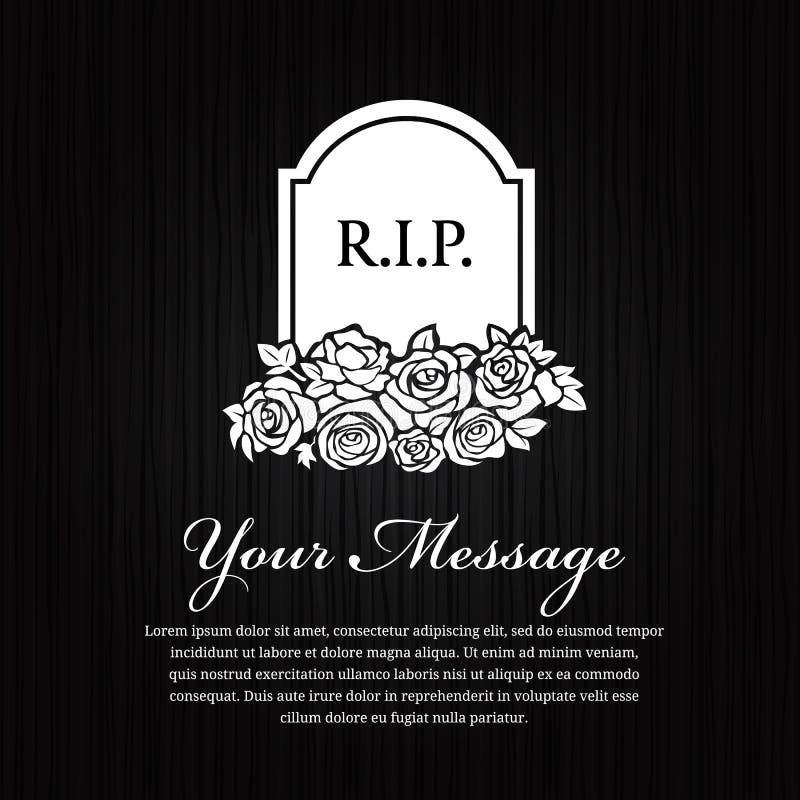 Funeral card - Grave Stone With The Word R.I.P. and rose on black wood background vector design