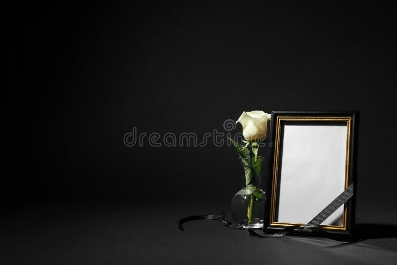 Funeral Photo Frame with Ribbon and White Rose on Black. Space for Design  Stock Image - Image of death, darkness: 160667387