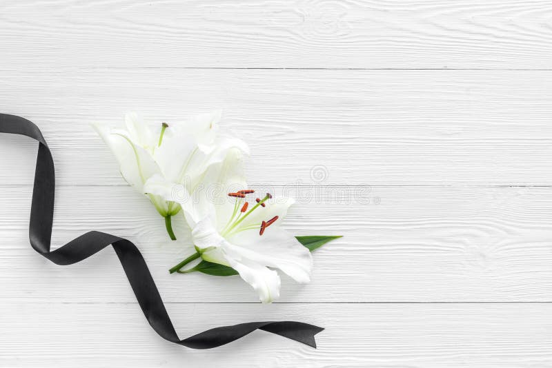 Funeral Symbols. White Lily With Black Ribbon, Top View Stock Photo ...