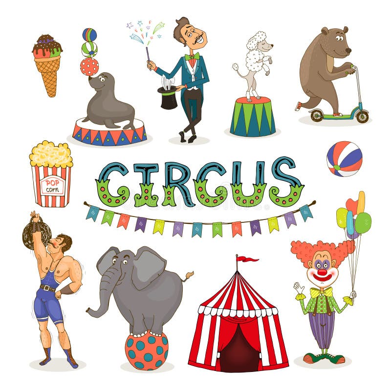 Colorful vector circus funfair and fairground icon set with an ice cream balancing seal poodle and elephant magician bear popcorn strongman big top and clown with text - Circus and bunting. Colorful vector circus funfair and fairground icon set with an ice cream balancing seal poodle and elephant magician bear popcorn strongman big top and clown with text - Circus and bunting.