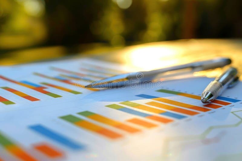 Fungerar nedbländning av ett dynamiskt datamaterial med pennor som symboliserar analys. Som kan stänga ett dynamiskt datamaterial med pennor som symboliserar analytisk affärsplanering och marknadsforskning som ställs in mot en varm bakgrund av bågarna