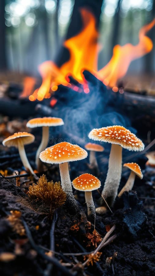 Fungine Blood Dopo Wildfire. Funghi Vibranti colonizzano il parco forestale Charred illustrazione di stock