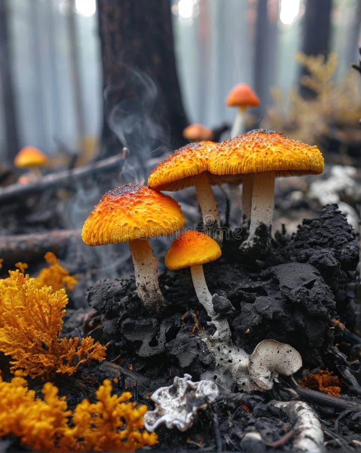 Fungine Blood Dopo Wildfire. Funghi Vibranti colonizzano il parco forestale Charred illustrazione di stock