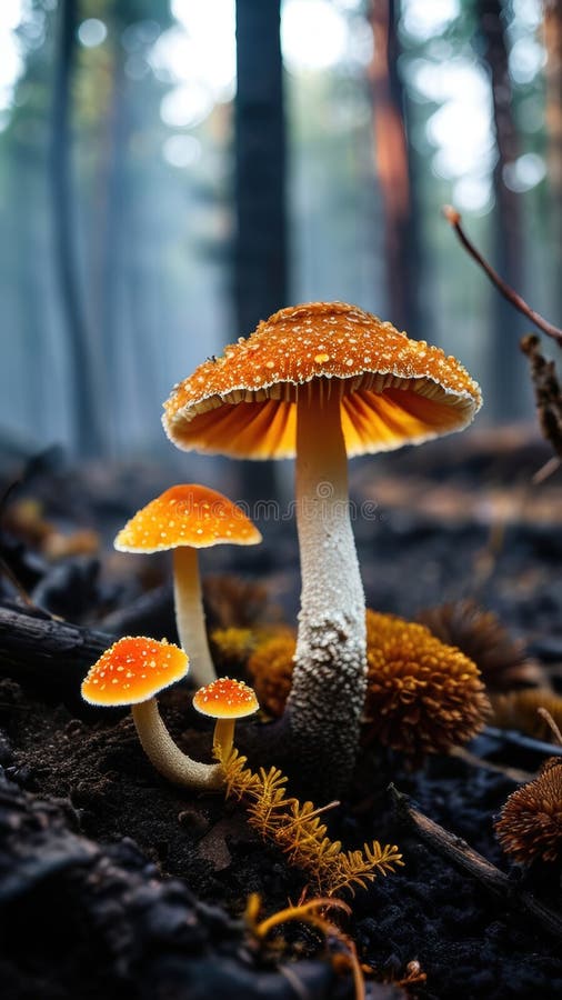 Fungine Blood Dopo Wildfire. Funghi Vibranti colonizzano il parco forestale Charred illustrazione di stock