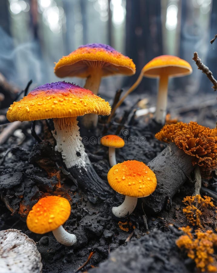 Fungine Blood Dopo Wildfire. Funghi Vibranti colonizzano il parco forestale Charred royalty illustrazione gratis