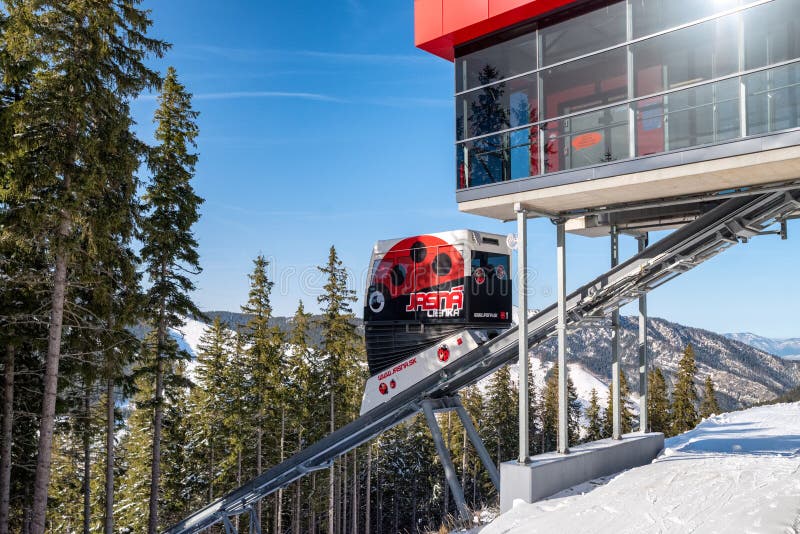 Funicular Twinliner cabin and top station in ski resort Jasna, Slovakia
