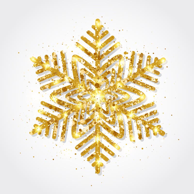 Funkelngoldschneeflocke auf weißem Hintergrund Glühende goldene Schneeflocken mit Funkelnbeschaffenheit Schneeflocke mit Sternsta lizenzfreie abbildung