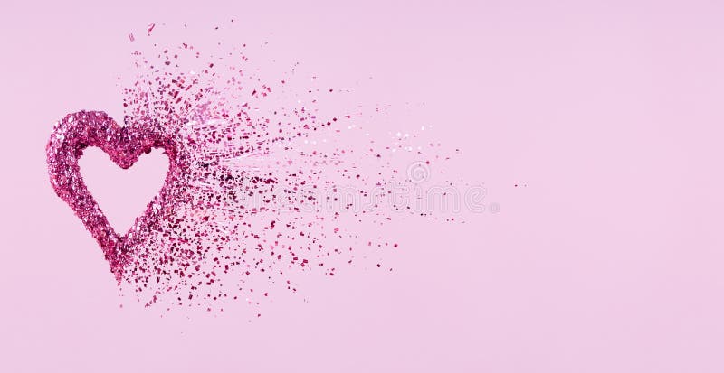 Glitter heart dissolving into pieces on pink background. Valentines day, broken heart and love emergence concept. Horizontal wide screen banner format. Glitter heart dissolving into pieces on pink background. Valentines day, broken heart and love emergence concept. Horizontal wide screen banner format