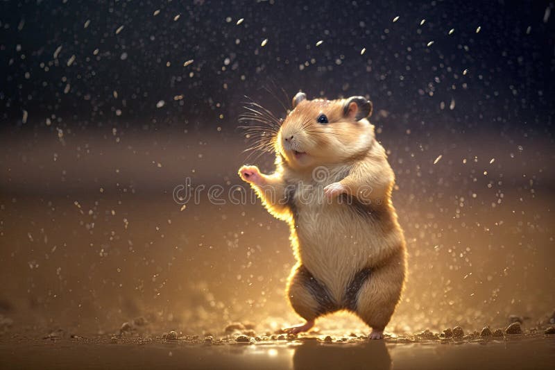Funky Little Happy Hamster Dancing on the Beach at Night Stock