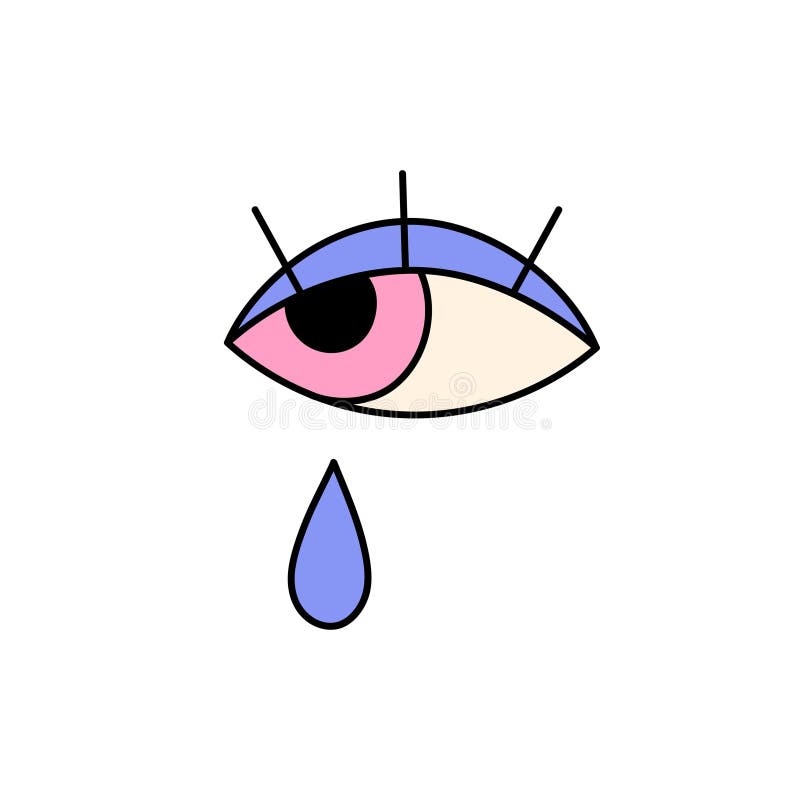 Funky crying eye. Groovy eyeball with drop of tears. Comic sad emoji on sticker in retro style. Design element with hippie aesthetics of 70s. Flat isolated vector illustration on white background. Funky crying eye. Groovy eyeball with drop of tears. Comic sad emoji on sticker in retro style. Design element with hippie aesthetics of 70s. Flat isolated vector illustration on white background.