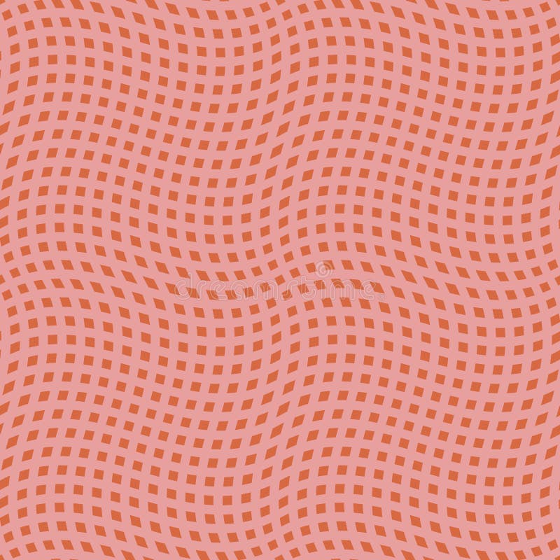 Funky vector abstract checkered seamless pattern with optical illusion effect. Simple abstract vector background with small squares, grid. Retro 1960s style distorted texture. Pink and orange color design.