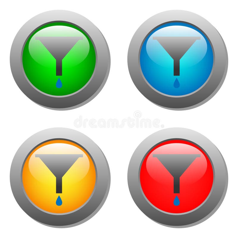 Funnel icon with drops set on glass buttons