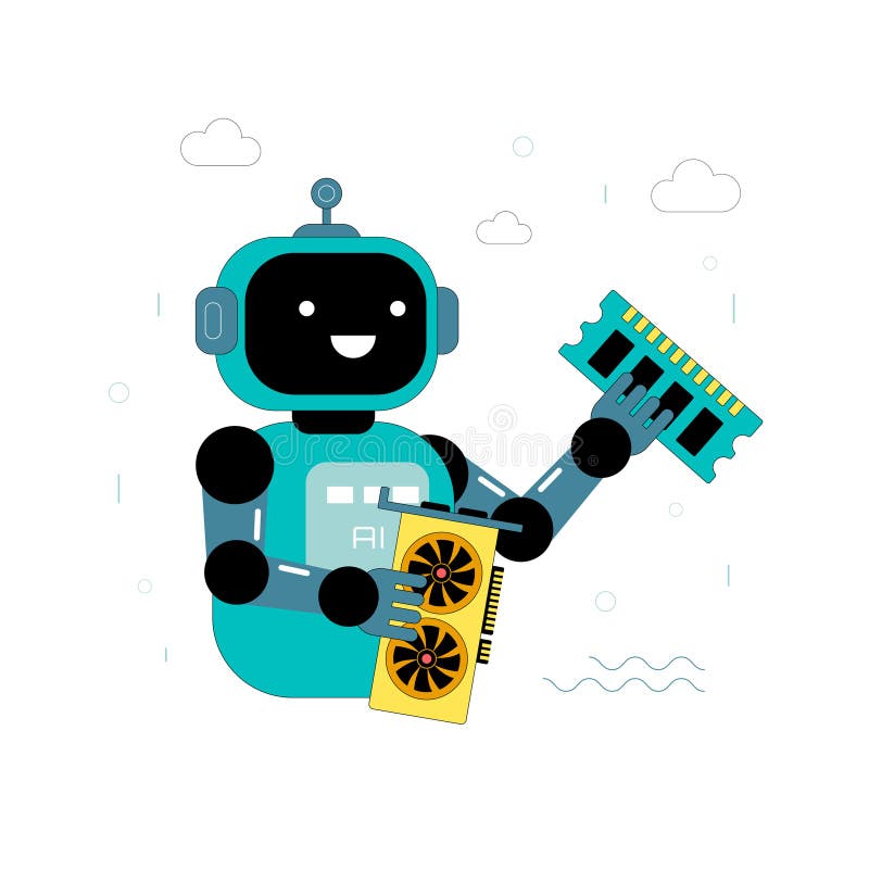 Funny AI robot character holds memory and a video adapter. Concept of a PC component shortage. Vector illustration. Collusion illustration vectors