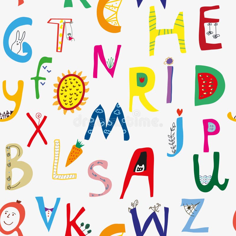 Funny alphabet seamless pattern for kids, cute deisgn. Vector illustration vector illustration