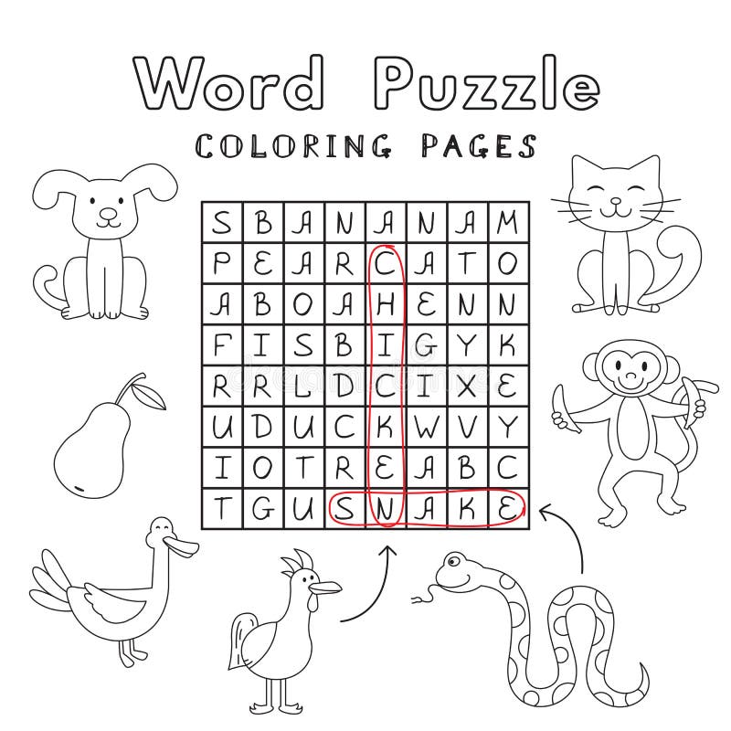 Funny Animals Coloring Book Word Puzzle