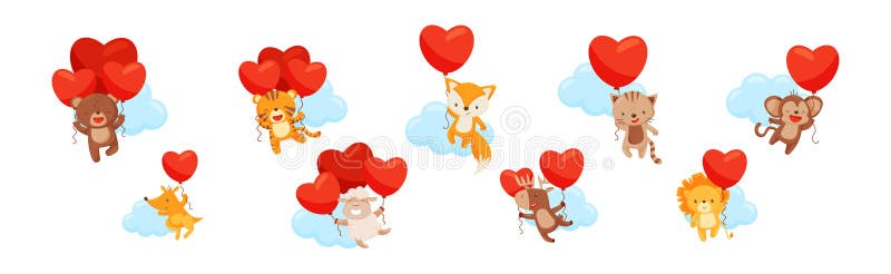 Funny Animals Flying with Heart Red Balloon Among Clouds Vector Set