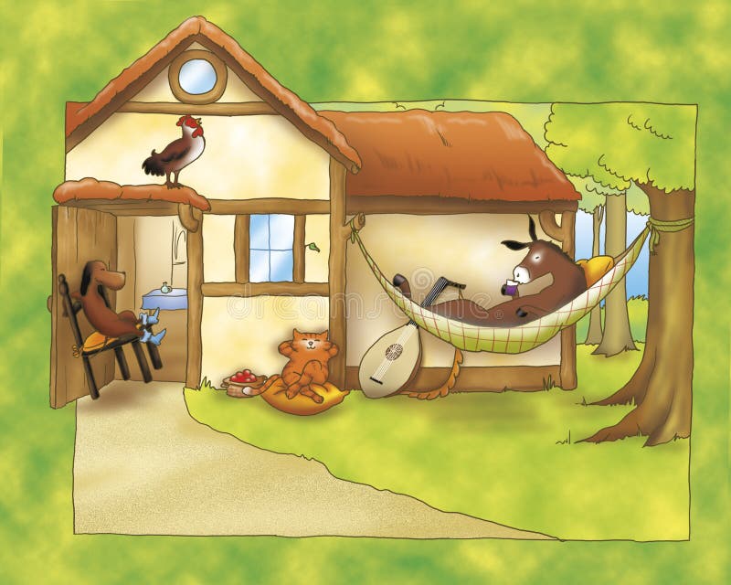 A donkey, a dog, a rooster and a cat are having are relaxing. Digital illustration of the Grimms fairy tale: Bremen town musicians. A donkey, a dog, a rooster and a cat are having are relaxing. Digital illustration of the Grimms fairy tale: Bremen town musicians.