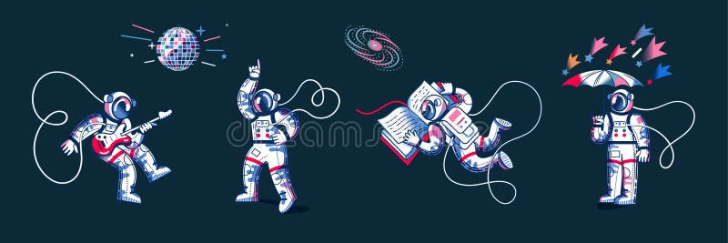 Funny astronaut in space set. Man dancing to funky disco music, playing guitar, standing with umbrella in space, reading