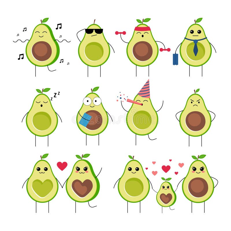 Funny avocado characters with different emotions set vector illustration. Cute fruits heroes having fun, doing sport, sleeping, falling in love and starting family with children. Isolated on white
