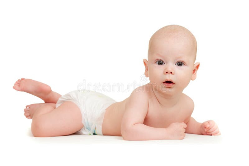 Funny baby boy lying on tummy stock photos