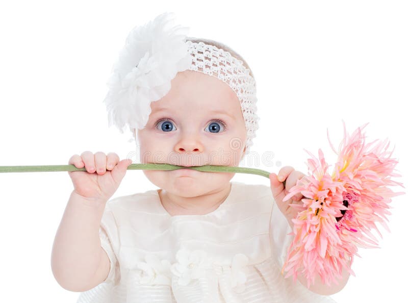 Funny baby girl with flower isolated