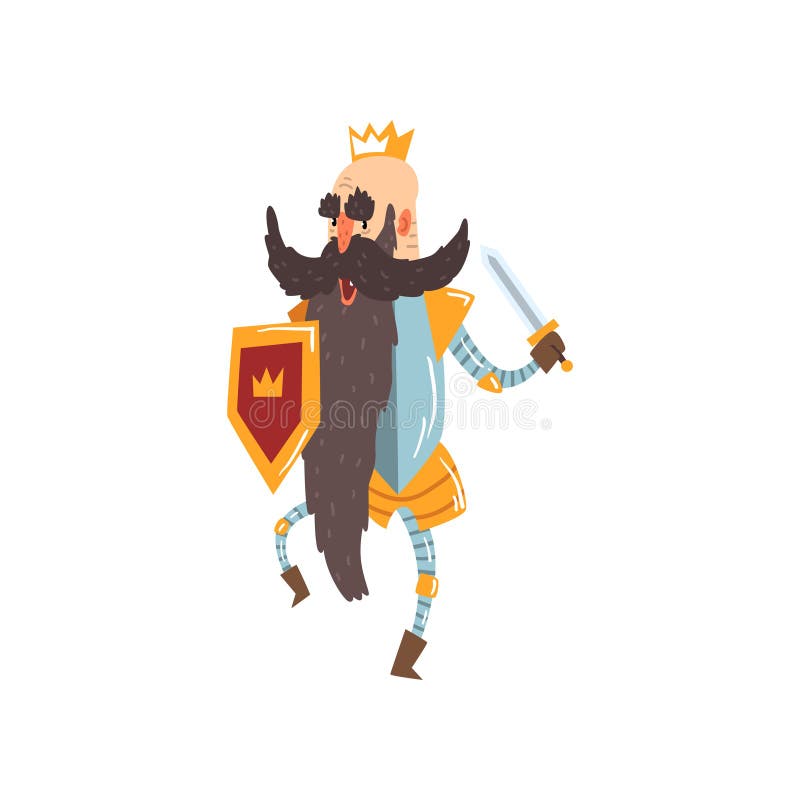 Funny bald king character holding sword and shield cartoon vector Illustration stock illustration