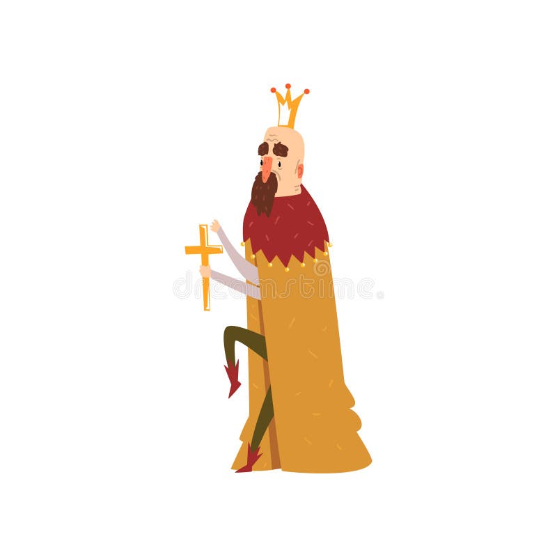 Funny bald king character in mantle holding golden cross cartoon vector Illustration vector illustration