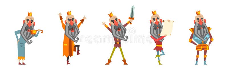 Funny Bearded King Character Emperor in Golden Crown Vector Set stock illustration