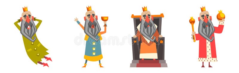Funny Bearded King Character Emperor in Golden Crown Vector Set royalty free illustration