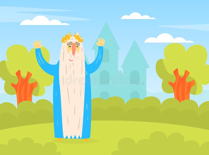 Funny Bearded King Character in Golden Laurel Wreath Standing With Raised Hands on Nature Cartoon Vector Illustration vector illustration