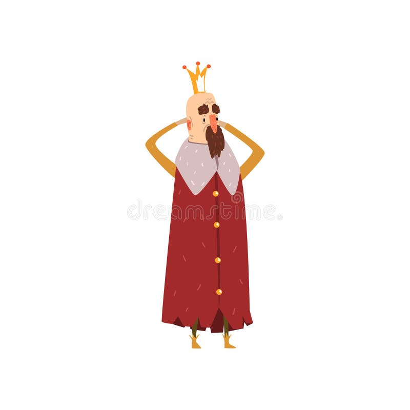 Funny bearded king character in red mantle holding his head cartoon vector Illustration vector illustration
