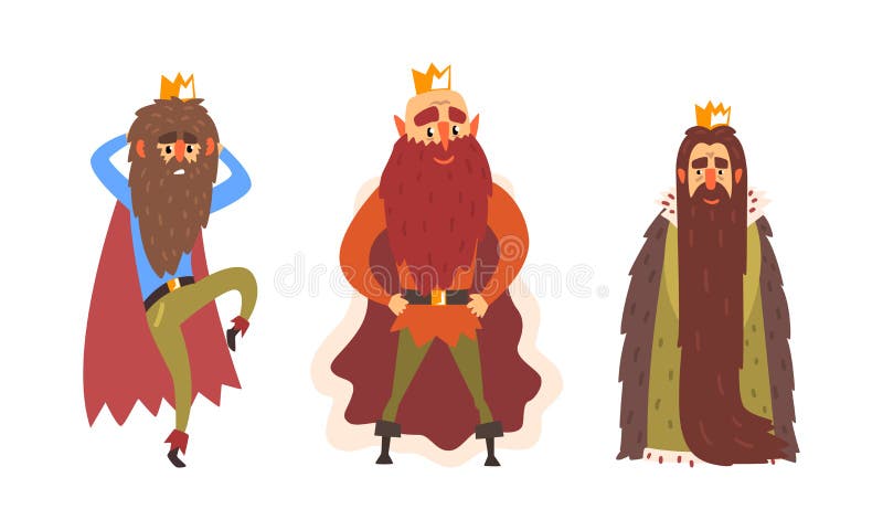 Funny Bearded King Characters Set, Emperor in Golden Crown and Mante Cartoon Vector Illustration royalty free illustration