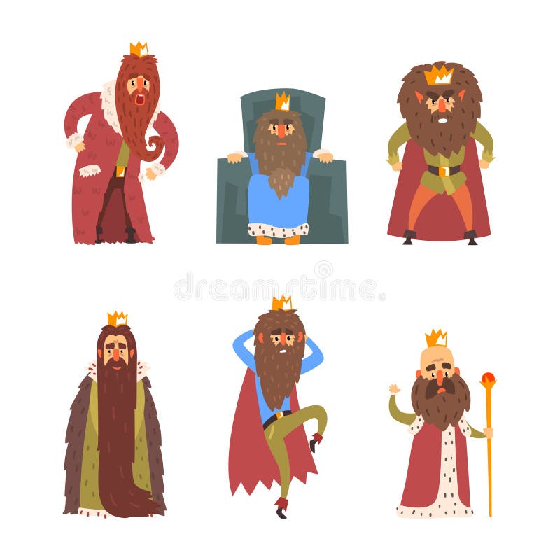 Funny Bearded King Characters Wearing Golden Crown, Mantle and with Sceptre Vector Set stock illustration