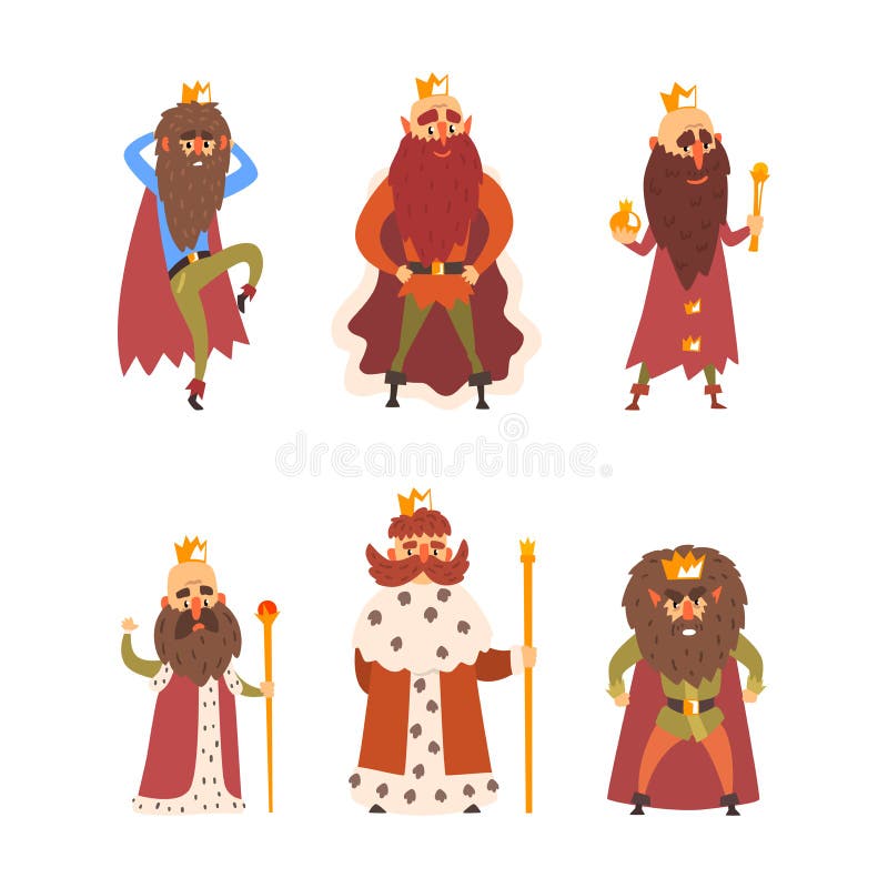 Funny Bearded King Characters Wearing Golden Crown, Mantle and with Sceptre Vector Set royalty free illustration