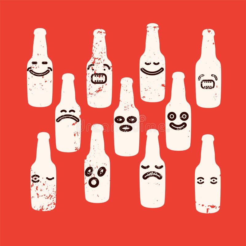 Funny Beer Bottles Grunge Emoji Set. Vector Illustration. Stock Vector