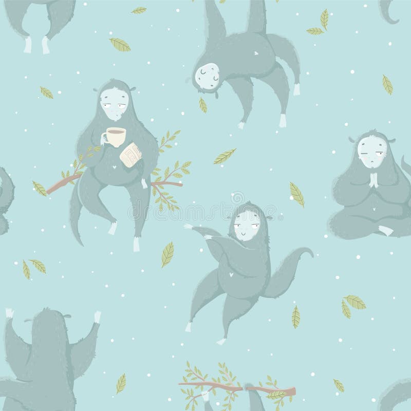 Seamless pattern with funny blue monkey, hand drawn illustrations.