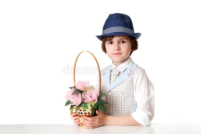 Funny Boy with Basket of Flowers Stock Photo Image of dreamy