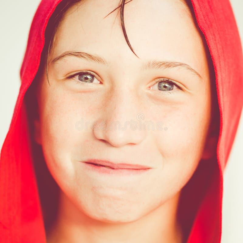 Funny boy with red bathrobe royalty free stock image