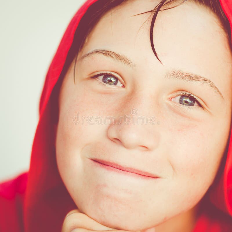 Funny boy with red bathrobe stock photos