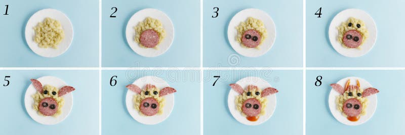 Funny Breakfast, lunch or dinner for children in the form of a bull`s face made of pasta, sausage, bacon, olives and fresh tomatoes on a blue background. Instruction how to make creative food art breakfast for kids. Top view. Funny Breakfast, lunch or dinner for children in the form of a bull`s face made of pasta, sausage, bacon, olives and fresh tomatoes on a blue background. Instruction how to make creative food art breakfast for kids. Top view
